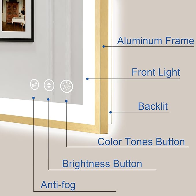 24x30 Inch LED Bathroom Mirror with Gold Frame | Gold Metal Frame, Front and Backlit, 3 Colors, Dimmable, Memory, Anti Fog, Tempered Glass, Lighted Mirror for Wall