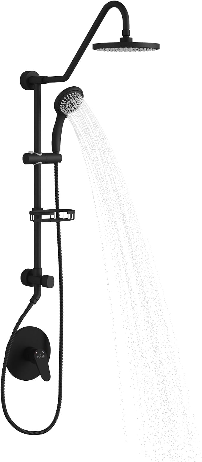 PULSE ShowerSpas Kauai III Matte Black Rain Shower Head with Handheld Spray - 2.5 GPM, 8" Showerhead, 5-Function HandShower, Adjustable Slide Bar - Shower Heads with Handheld Spray Combo
