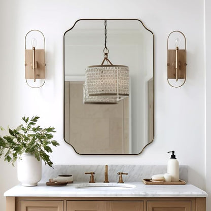24"x36" Gold Mirror, Brushed Brass Scalloped Wall Mirror, Bathroom Mirror for Vanity, Wall Mirror with Aesthetic Scalloped Edge Design Ideal for Bathroom, Bedroom or Entryway