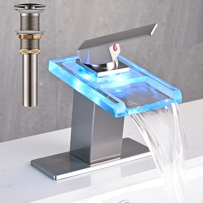 LED Bathroom Sink Faucet, Brushed Nickel Waterfall Single Hole Handle Vanity Faucets for Sinks 1 Hole with Metal Pop Up Drain and 2 Water Supply Lines, Open Glass Spout