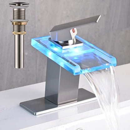 LED Bathroom Sink Faucet, Brushed Nickel Waterfall Single Hole Handle Vanity Faucets for Sinks 1 Hole with Metal Pop Up Drain and 2 Water Supply Lines, Open Glass Spout