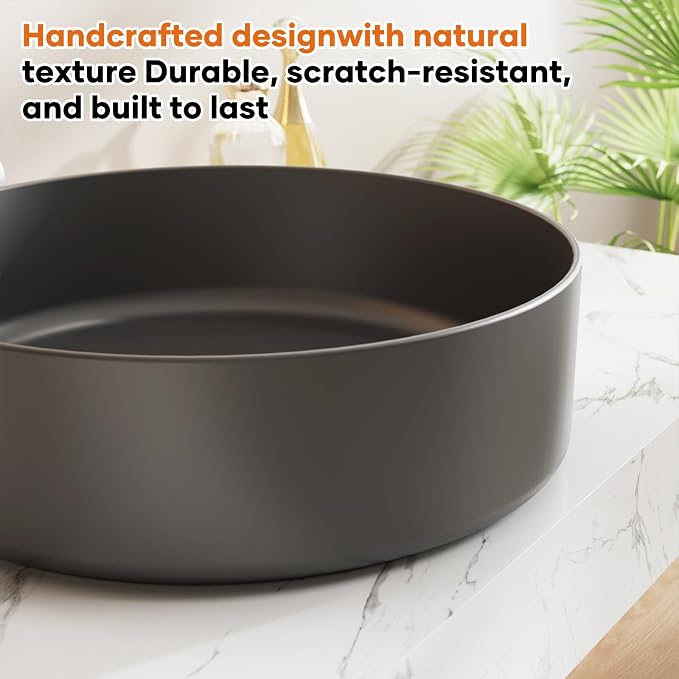 15.7" Round Vessel Sink, Matte Black Ceramic Above Counter Sink | Matte Black Finish, High-Density Ceramic, Scratch & Crack Resistant, Deep Splash Guard Basin, Easy To Clean For Bathroom