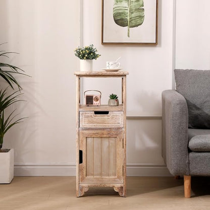 Fully Assembled 30in Height Nightstand, Pre- Assembled Bathroom Floor Cabinet with Shelf and Storage Drawer, Tall End Table No Assembly Chest for Living Room Bedroom-Distressed White