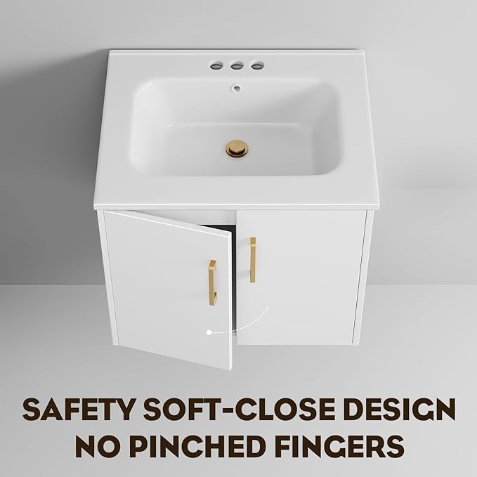phiestina 24 Inch White Floating Bathroom Vanity, Pre-Assembled Wall-Mounted Cabinet with 2 Soft-Close Doors & 3 Hole Ceramic Sink, No Faucet,BV08-24-WHITE