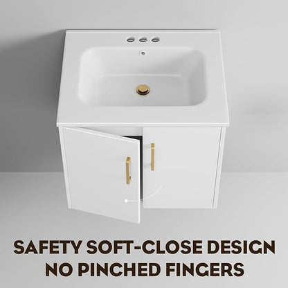 phiestina 24 Inch White Floating Bathroom Vanity, Pre-Assembled Wall-Mounted Cabinet with 2 Soft-Close Doors & 3 Hole Ceramic Sink, No Faucet,BV08-24-WHITE