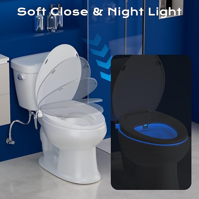 Elongated Heated Toilet Seat with Night Light, Three Temperature Settings Heated Seat,70 in Power Cord, Fit Elongated Toilet, Cold Water Bidet Function Toilet Seat With Slow Close