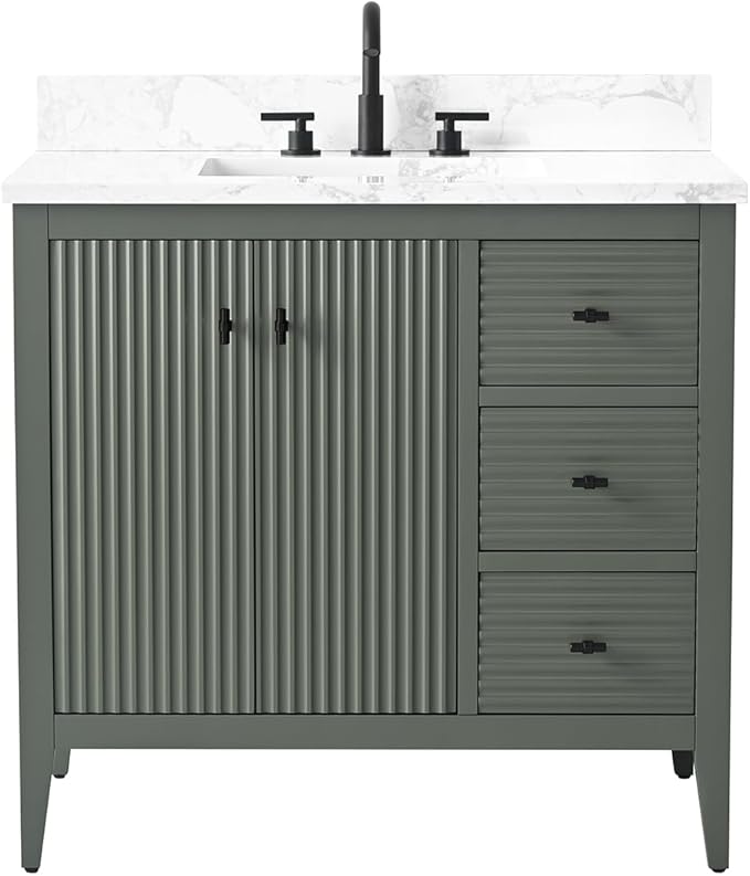 Vanity Art 36 inch Bathroom Vanity with Single Sink & Ceramic Top, Vanity Cabinet with Soft-Closing Door, Solid Wood Frame, Linear Pattern, Vintage Green, VA9136-VG-MB,Matte Black Handles
