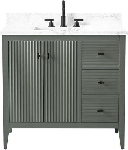 Vanity Art 36 inch Bathroom Vanity with Single Sink & Ceramic Top, Vanity Cabinet with Soft-Closing Door, Solid Wood Frame, Linear Pattern, Vintage Green, VA9136-VG-MB,Matte Black Handles