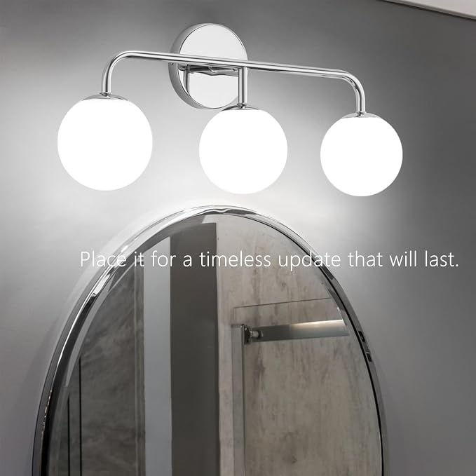 Chrome Vanity Lights, Mid Century Modern 3-Light Bathroom Lighting Fixture Over Mirror, Polished Wall Sconces With Frosted Milk Glass Shade