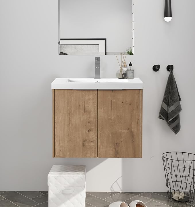 24 Inch Wall Mount Bathroom Vanity W/Sink Combo for Small Space, Modern Design Vanity Cabinet Gel Basin Countertop, Float Mounting Design Cabinet Set with Soft Close Doors (Oak, 23.6''x18.1''x19.3'')