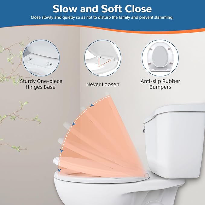 iFealClear Round Toilet Seat Compatible with Kohler, American Standard, TOTO, Slow Close Toilet Seat Cover with Non-Slip Bumpers, Never Loosen Toilet Bolt Hinge, One-Click to Quick Release, White