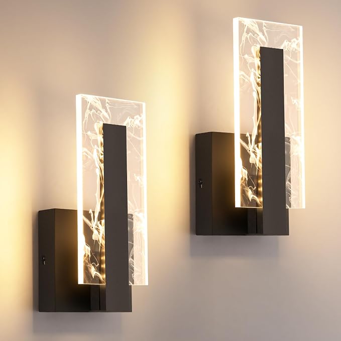 LED Wall Sconces Set of Two, Hardwire Modern Wall Sconces, 3000K Warm White Light Black Wall Lights, Acrylic Bedside Wall Mount Light for Hallway, Bedroom, Study, Living Room Indoor, 2 Packs
