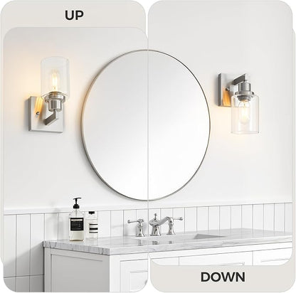 Bathroom Wall Sconces Set of 2,Brushed Nickel Wall Sconce,Vanity Light with Clear Glass Wall Mounted Light Fixture,Farmhouse Wall Lamp for Bedroom Living Room Mirror Hallway