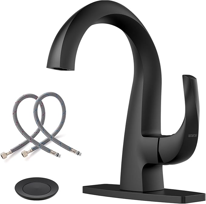 WOWOW Single Handle Bathroom Faucet, Matte Black, 1 Hole, High Arc, Pop Up Drain, Solid Brass, Easy Installation, 5 Year Warranty