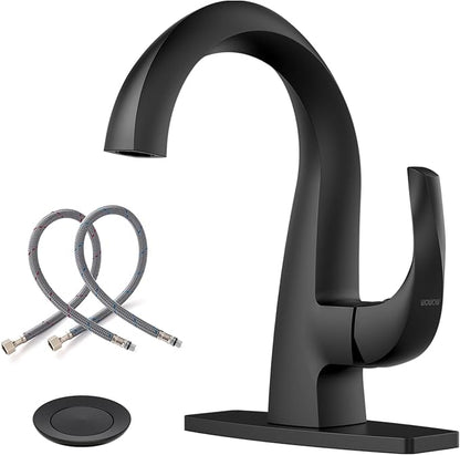 WOWOW Single Handle Bathroom Faucet, Matte Black, 1 Hole, High Arc, Pop Up Drain, Solid Brass, Easy Installation, 5 Year Warranty