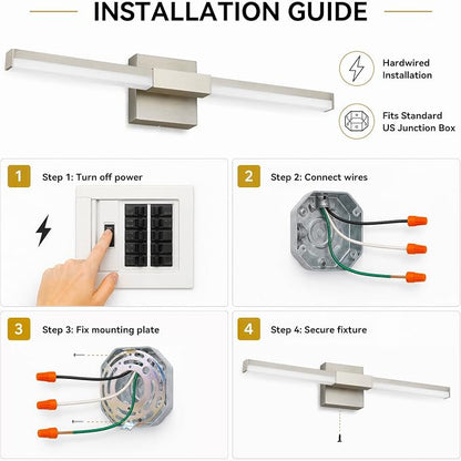 SOLFART Bathroom Lights Over Mirror, 24 Inch Brushed Nickel LED Vanity Light, 5CCT Dimmable, Built-in Dimmer, 4-Way Adjustable, ETL IP44