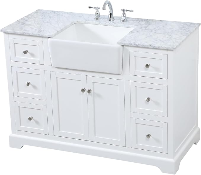 48" Pre-Assembled Bathroom Vanity with Sink, Solid Birch and MDF, Carrara White Marble Countertop Attached, Single Rectangle Porcelain Sink, 6 Soft-Close Drawers, White