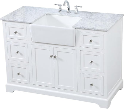 48" Pre-Assembled Bathroom Vanity with Sink, Solid Birch and MDF, Carrara White Marble Countertop Attached, Single Rectangle Porcelain Sink, 6 Soft-Close Drawers, White