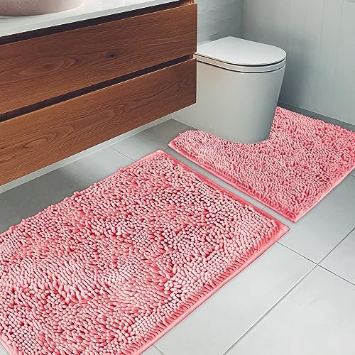 Bathroom Rugs Chenille Bath mat 2 Piece Set, Super Absorbent, Strong PVC Non Slip Backing, Bath mats for Bathroom, Plush Shaggy, Thick, Machine Washable, Bathtub, Shower, Toilet.(Pink)
