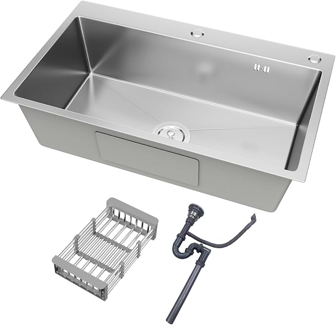 30" x 18" x 9" Topmount Kitchen Sink, 304 Stainless Steel Drop in Single Bowl Sink with Basket Strainer for RV, Travel Trailer, Garage(Nano)