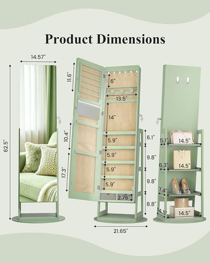 LVSOMT Standing Jewelry Mirror Organizer 6 LED Swivel Jewelry Cabinet Green | Framelss Full Length Mirror with Jewelry Storage, Lockable Jewelry Armoire with 4 Rear Shelves and Hooks for Women Gift