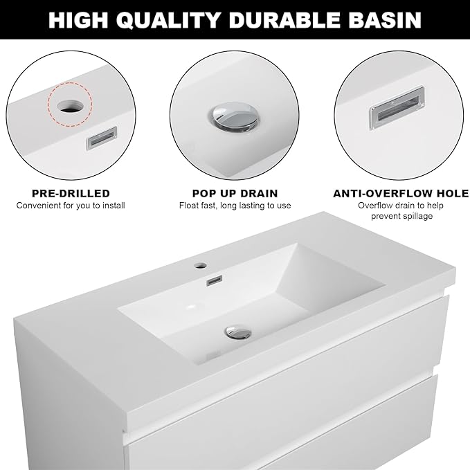 Wall Mounted 42 Inch Bathroom Vanity with Sink, Floating Vanity Bathroom, Single Sink Bathroom Vanity, 2 Drawers, Resin Integrated Sink (Glossy White)