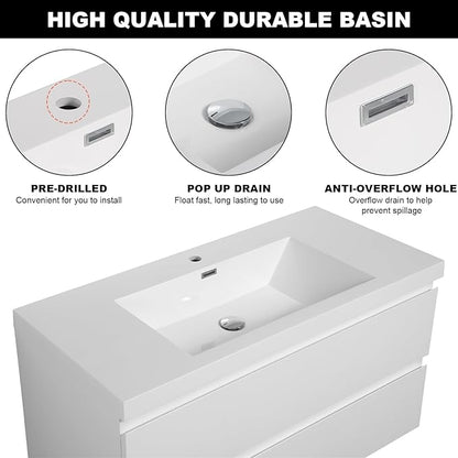 Wall Mounted 42 Inch Bathroom Vanity with Sink, Floating Vanity Bathroom, Single Sink Bathroom Vanity, 2 Drawers, Resin Integrated Sink (Glossy White)