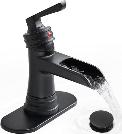 Matte Black Bathroom Faucet 1 Hole, Brass Waterfall Bathroom Faucets 3 Hole 4 Inch Single Handle with Pop-up Drain, Deck Plate, Pre-Installed cUPC Hose for Lavatory, Farmhouse, 5 Mins Install