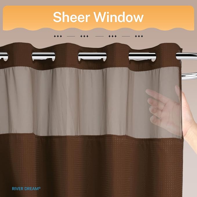 RiverDream Heavyweight Waffle No Hook Shower Curtain with Liner,Brown,71x74 | Dotted Waffle,Snap-in Liner,Heavy Duty,Quick Dry,Mesh Top Window,With Bottom Magnets,Hotel-Grade,Washable,Standard Size
