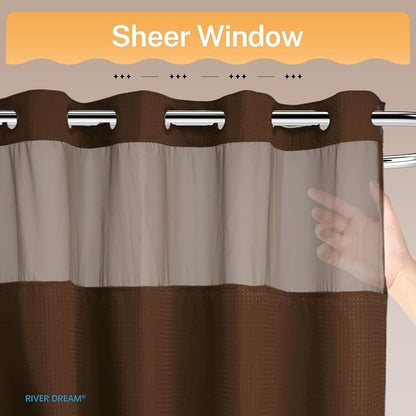 RiverDream Heavyweight Waffle No Hook Shower Curtain with Liner,Brown,71x74 | Dotted Waffle,Snap-in Liner,Heavy Duty,Quick Dry,Mesh Top Window,With Bottom Magnets,Hotel-Grade,Washable,Standard Size