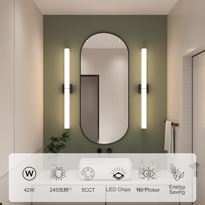 39 Inch 42W Led Bathroom Vanity Light,3000K-6000K Dimmable Vanity Lighting Fixtures with White Acrylic Lampshade,Indoor Hardwired Wall Light Over Mirror for Mirror Restroom(Black,1 Pack)