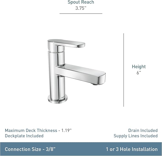Moen Laris Chrome One-Handle Single Hole Modern Bathroom Sink Faucet with Optional Deckplate and Spring Loaded Drain Assembly, 84014