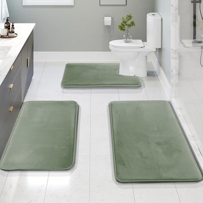Clara Clark 3 Piece Bathroom Rugs, Velvet Memory Foam Bath Mat Set, Non-Slip Bath Rugs, Machine Wash, Dries Quickly, Ultra Soft Plush Bath Mats for Bathroom, 17 x 24/20 x 32 / Contour, Ice Green