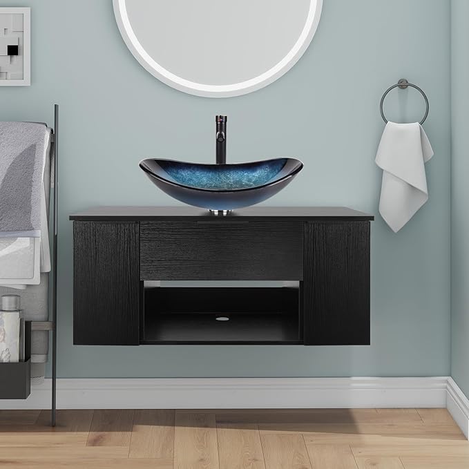 36 Inch Black Floating Bathroom Vanity with 2-Doors and 1-Drawer, Modern Wall Mounted Cabinet with Blue Boat Vessel Sink Top