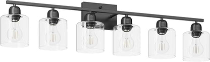 Black 6-Light Bath Vanity Lights for Mirror, Restroom Lights Fixtures with with Clear Glass Shades,Bathroom Over Sink Light Fixtures, Bathroom Light Fixtures Over Mirror