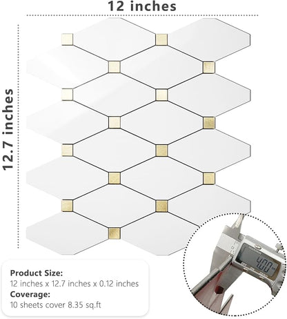 STICKGOO 10 Sheets Peel and Stick Backsplash, Glossy White | PVC Mixed Metal Gold Kitchen Backsplash, Waterproof, Stick on Wall Tiles, For Kitchen, Bathroom, RV