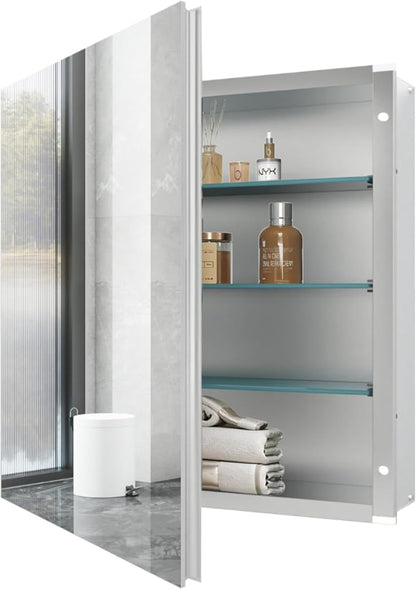 28x28 inch Medicine Cabinet Mirror with Storage, Aluminum Surface Mount or Recessed Medicine Cabinet with Adjustable Shelves for Bathroom Bedroom