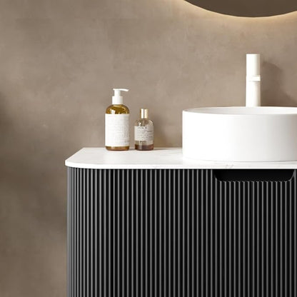 36 inch Floating Bathroom Vanity with Sink, Natural Solid Wood Modern Bathroom Vanities with Ultra-Thin Ceramic Basin and Marble Top, Soft-Close Design, Pre-Assembled, Gloss Black