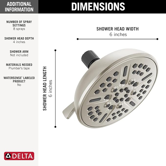 Delta Faucet 8-Spray Touch-Clean Shower Head Brushed Nickel, Delta Shower Heads, Showerhead, Brushed Nickel Shower Head, 2.5 GPM Water Flow, Stainless 75898CSN