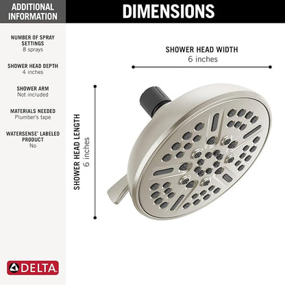 Delta Faucet 8-Spray Touch-Clean Shower Head Brushed Nickel, Delta Shower Heads, Showerhead, Brushed Nickel Shower Head, 2.5 GPM Water Flow, Stainless 75898CSN