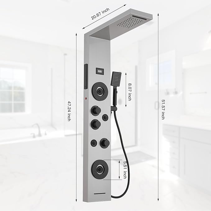 6 in 1 Shower Panel Tower System, Rainfall Shower Tower Systems w/LED and Digital Display Stainless Steel Shower Panels with Waterfall Tub Spout Massage Jets Handheld Head Nickel and Black