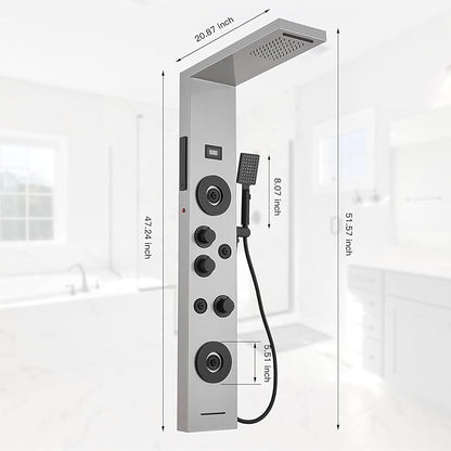 6 in 1 Shower Panel Tower System, Rainfall Shower Tower Systems w/LED and Digital Display Stainless Steel Shower Panels with Waterfall Tub Spout Massage Jets Handheld Head Nickel and Black