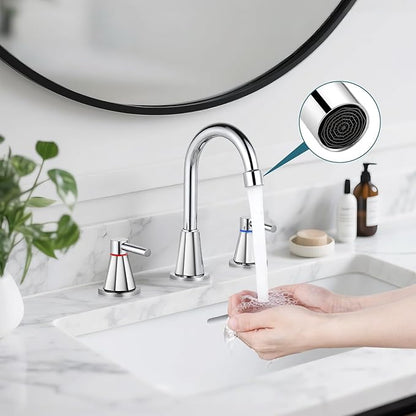 Bathroom Faucet 3 Hole,Chrome Bathroom Sink Faucet with 360°Swivel Spout, 8 inch Widespread 2 Handle Faucet for Bathroom Sink Vanity RV with Pop-up Drain Supply Line Stainless Steel