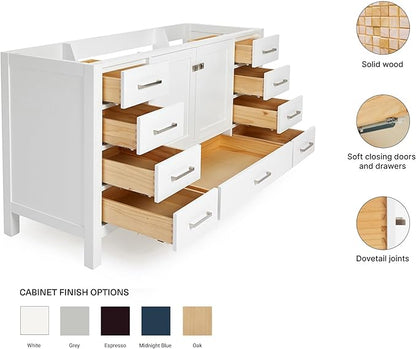 ARIEL Cambridge 60-inch Bathroom Vanity Base Cabinet,Solid Wood, 2 Soft Closing Doors, 9 Dovetail Drawers, White