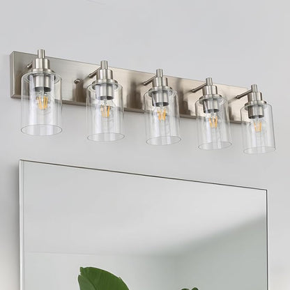 LOUSACE 5 Light Bathroom Vanity Light Brushed Nickel, Bathroom Lighting Fixtures with Clear Glass Shades Over Vanity Mirror, Modern Wall Sconces Fixtures for Bedroom Living Room, E26 Socket