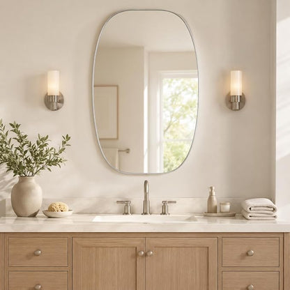 Silver Oval Bathroom Mirror 30x48 Inch | Oblong Vanity Mirror, Crystal-Clear HD Glass, Rust-Proof Aluminum Frame, Elegant Inner-Curved Edge, Modern Contemporary Style