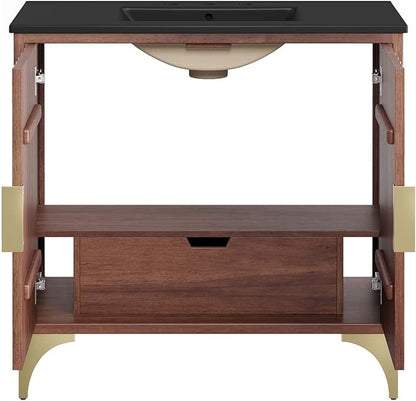 Modway Daylight Bathroom Vanity Cabinet with Ceramic Sink Basin, 36 Inch, Black Walnut