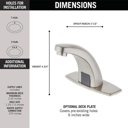 Luxice Brushed Nickel Touchless Bathroom Sink Faucet, Battery Operated Automatic Motion Sensor Hands Free Commercial Faucets with Hot & Cold Temperature Mixing Valve