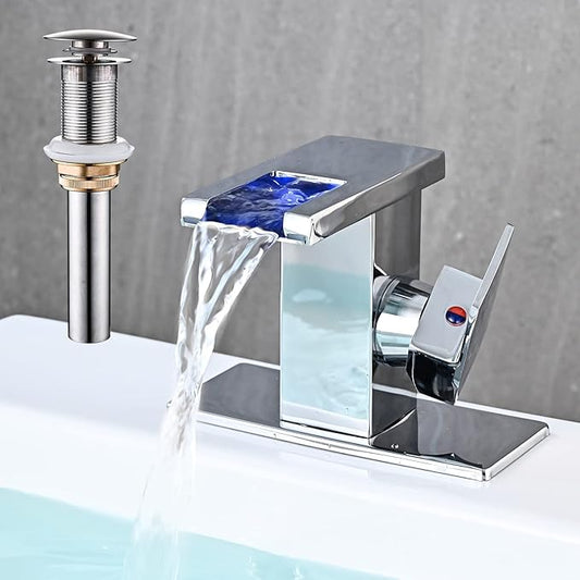 LED Bathroom Sink Faucet, Chrome Waterfall Single Hole Handle Vanity Faucets for Sinks 1 Hole with Metal Pop Up Drain and 2 Water Supply Lines, Side Handle