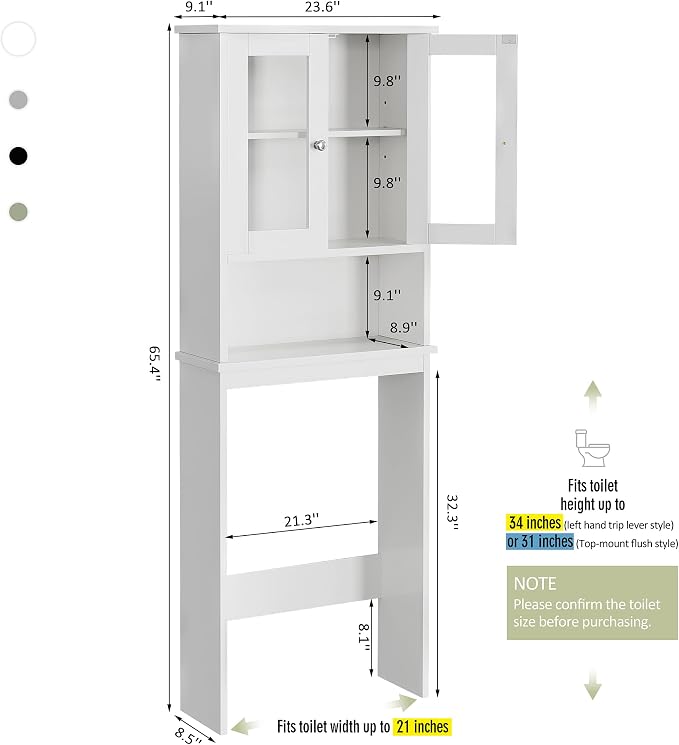 Over The Toilet Storage Cabinet for Bathroom, Storage Organizer Over Toilet, Space Saver with Tempered Glass Doors, White